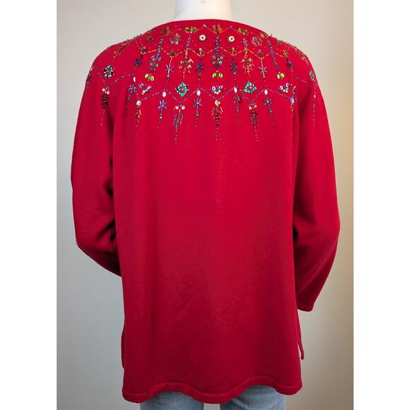 Marisa Christina Holiday Sweater Large Red Beaded Sequined  Embellished Glam - Picture 7 of 9